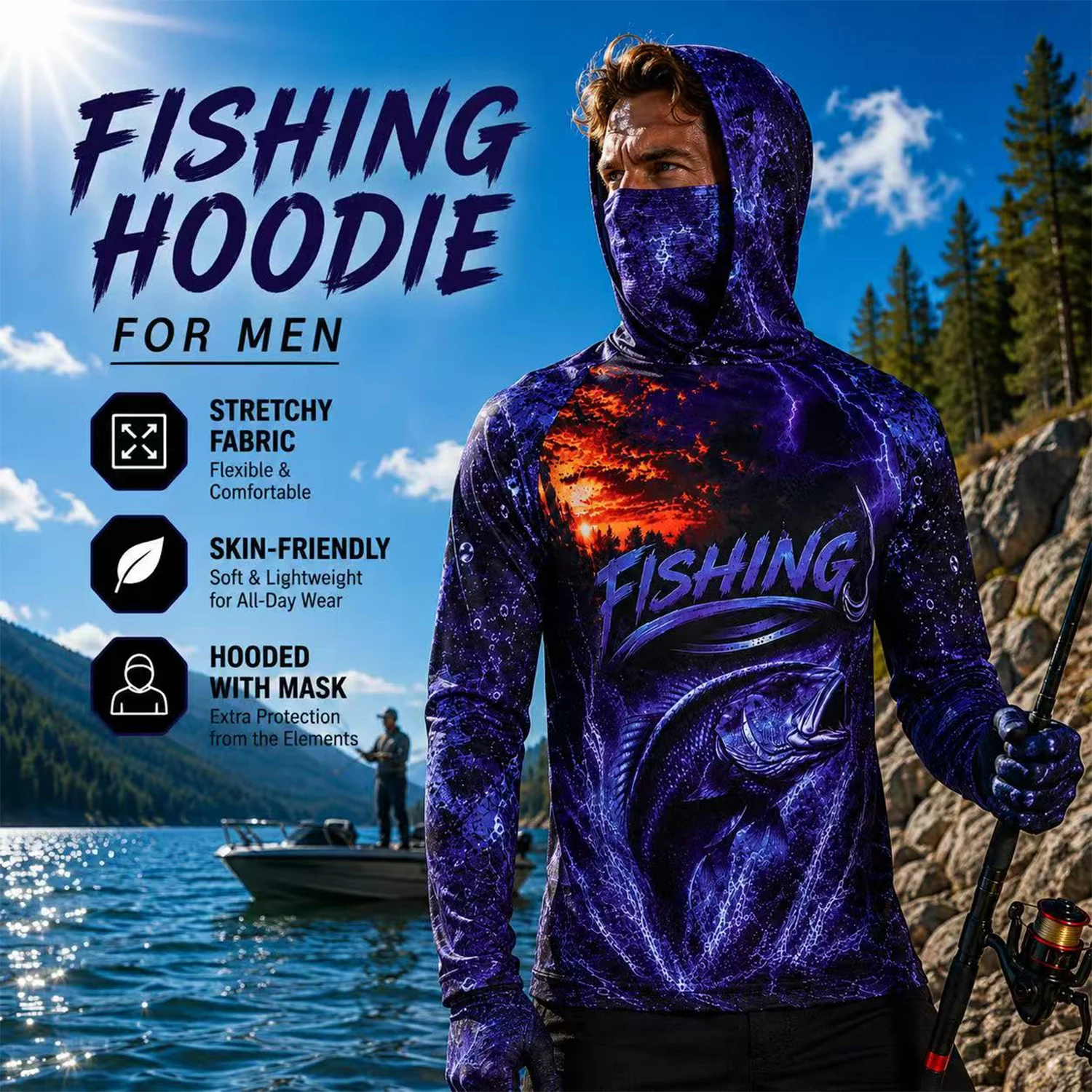 Fishing Shirt Uv Protection - Maglia da pesca con cappuccio, stampa